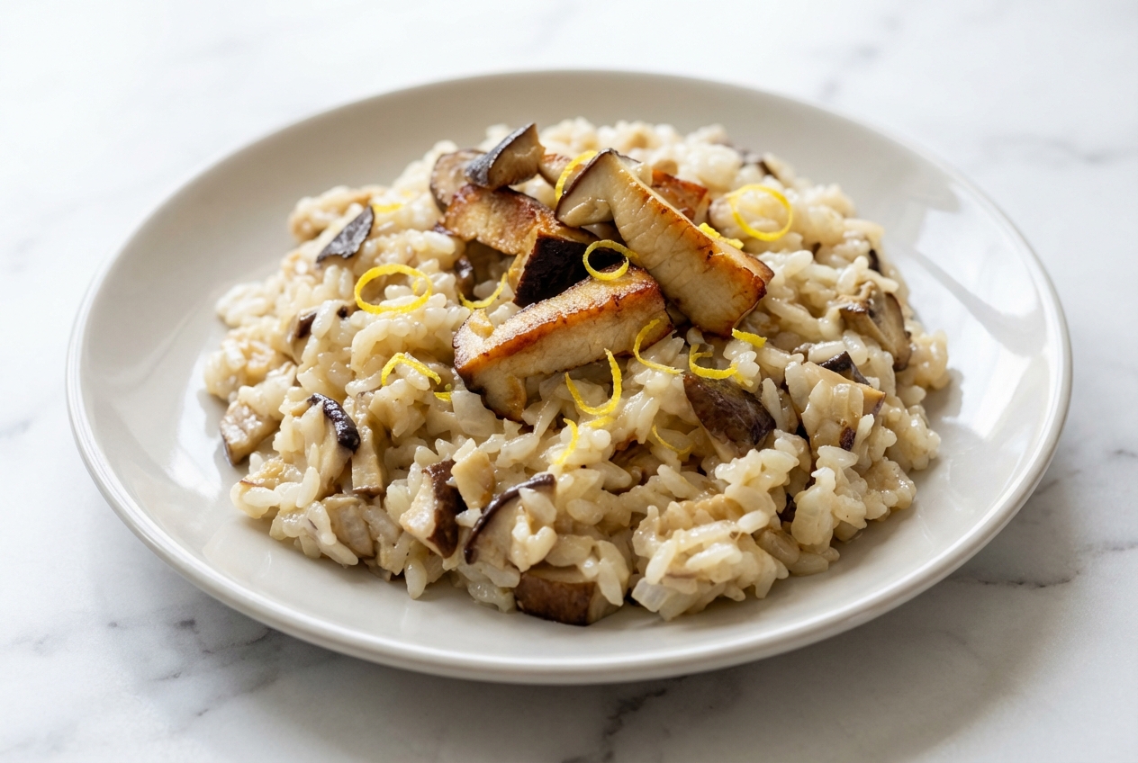 Risotto poulet champignons crémeux, riz nacré au beurre noisette et zestes de citron dans un bol en céramique blanc.