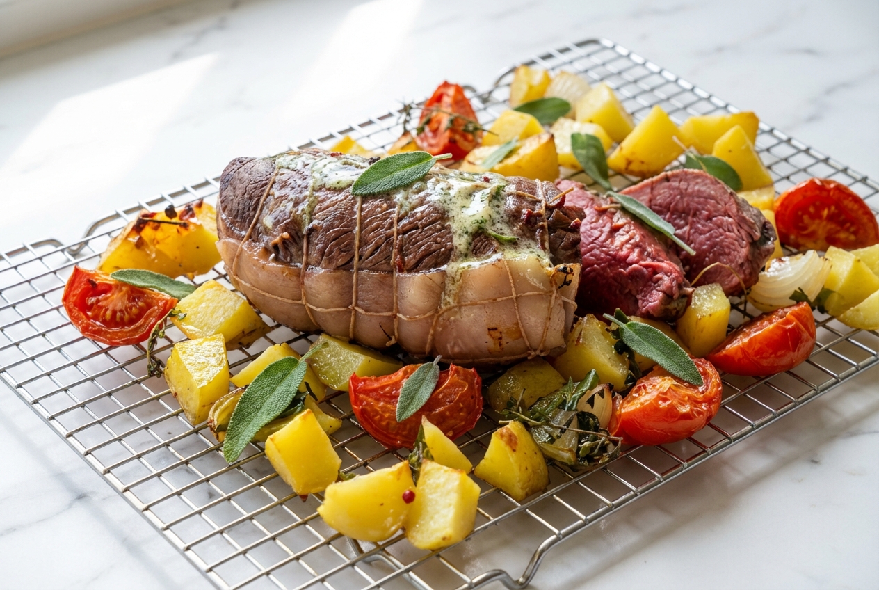 Tranches de roti de boeuf au four juteuses, croûte dorée au beurre de sauge, reposant sur une grille sur marbre blanc.