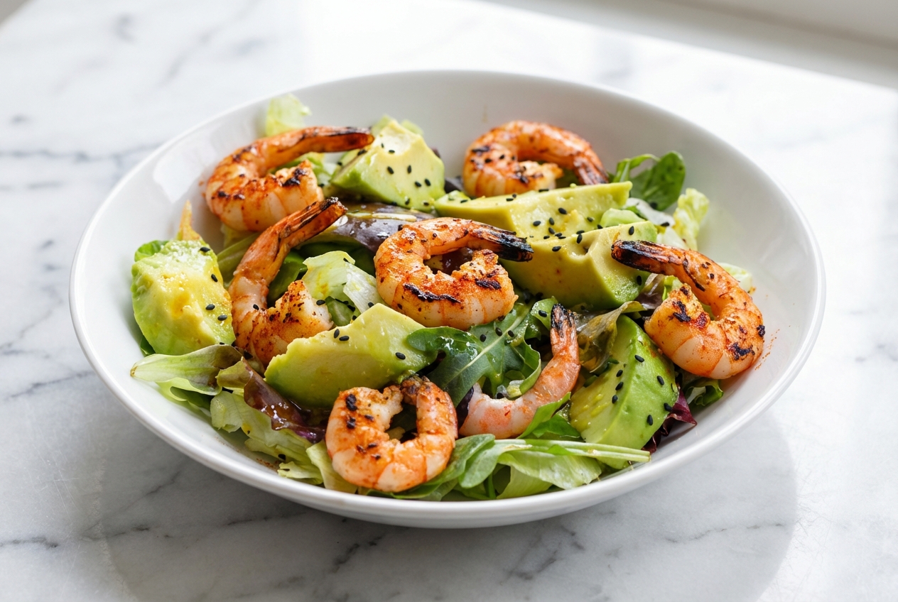 Salade d'avocat et crevettes grillées au paprika fumé et sésame noir, vue de dessus sur marbre blanc et lumière naturelle.