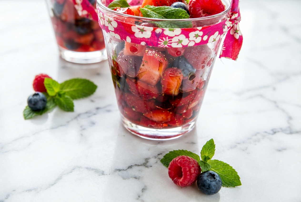 Salade de fruits rouges dans un bol en céramique blanc sur marbre, baies brillantes infusées au poivre de Timut et vinaigre balsamique.