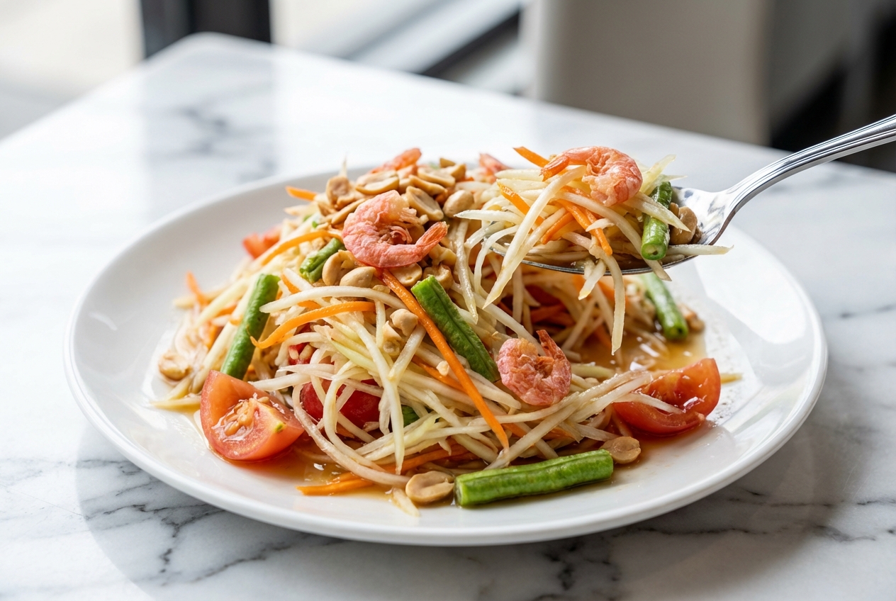 Salade de papaye verte sur marbre blanc, crevettes séchées et haricots longs pilés, vue de dessus, lumière naturelle.