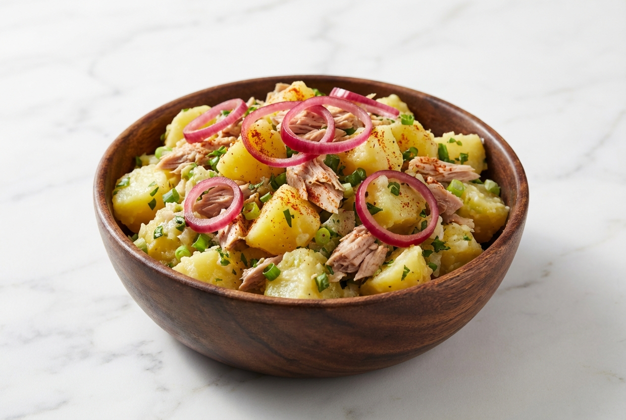 Salade de pommes de terre au thon sur marbre blanc, garnie d'échalotes flash-pickled roses et d'une pointe de paprika fumé.