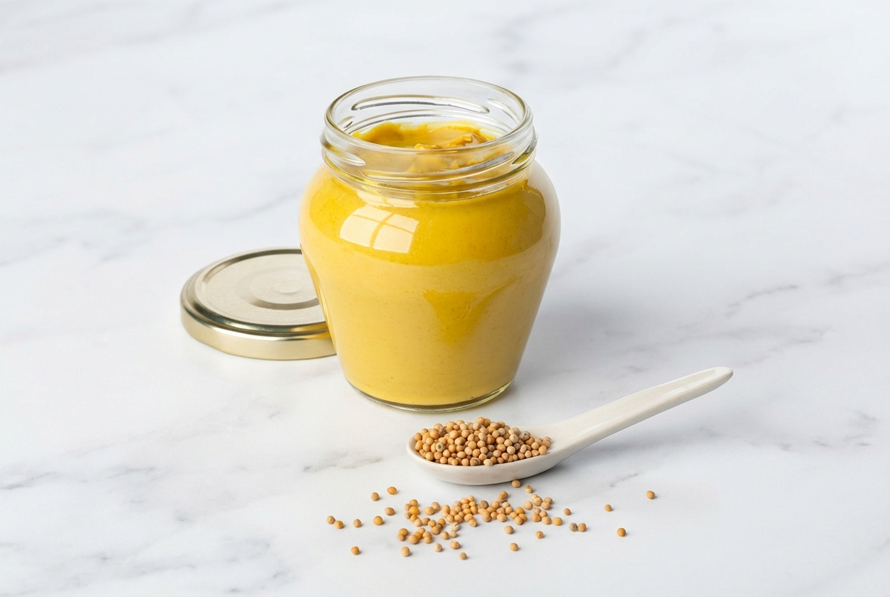 Sauce moutarde sucrée onctueuse au vinaigre de cidre et curcuma, servie dans un bol en céramique sur marbre blanc.