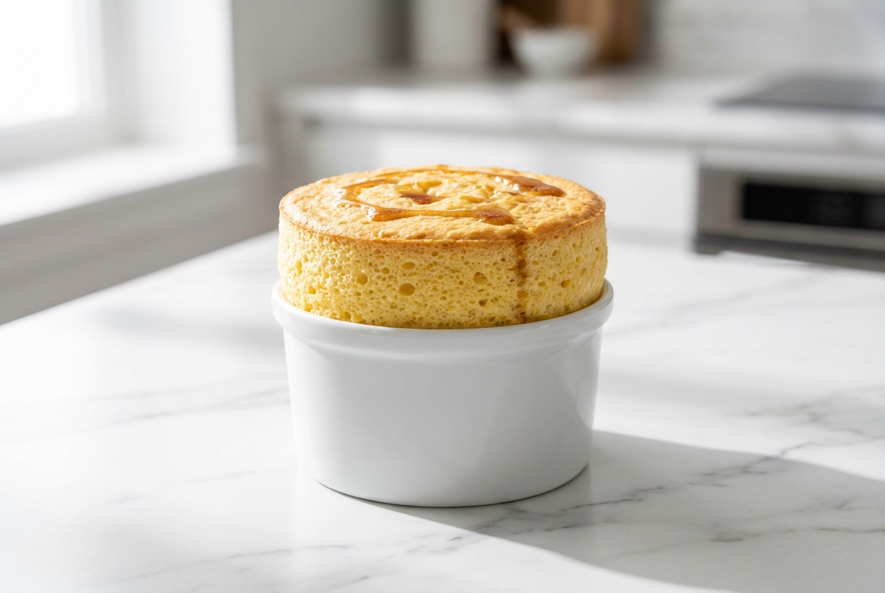 Soufflé au fromage aérien sur marbre blanc, révélant le 'Cercle de Pression' et un parfum de beurre noisette.