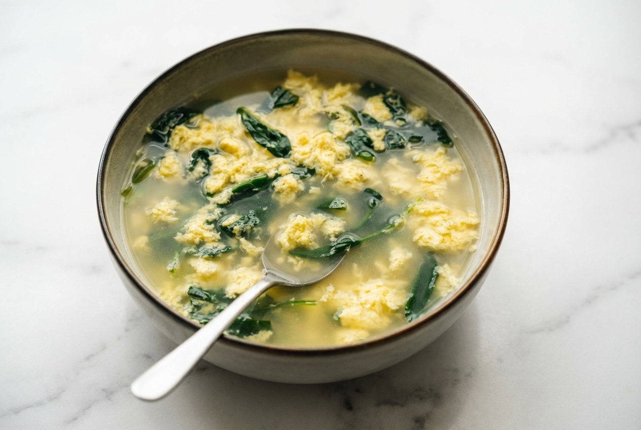 Soupe aux oeufs aux rubans soyeux infusée au miso blanc et gingembre dans un bol en céramique sur marbre blanc.