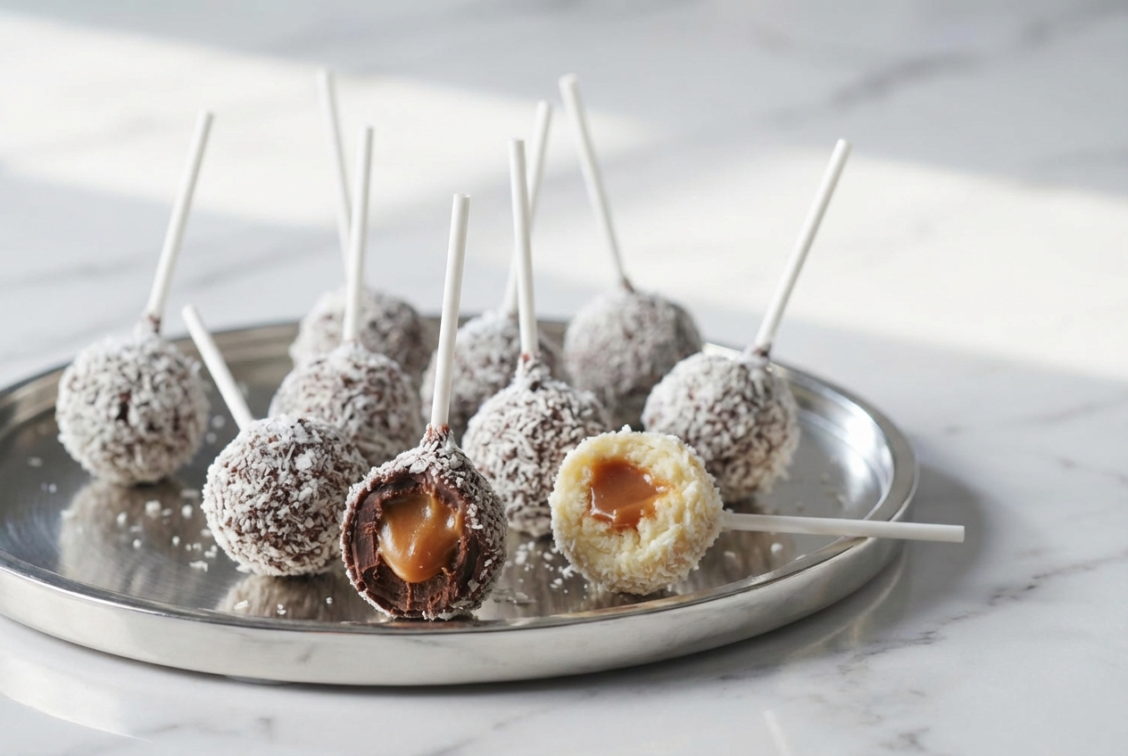 Sucette au chocolat brillante sur marbre blanc, révélant un cœur de caramel beurre salé et fleur de sel fumé.