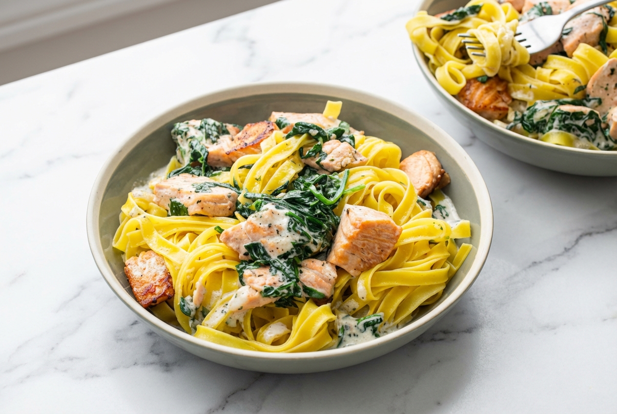 Tagliatelle saumon épinard au saumon snacké et sauce onctueuse sur une table en marbre blanc.