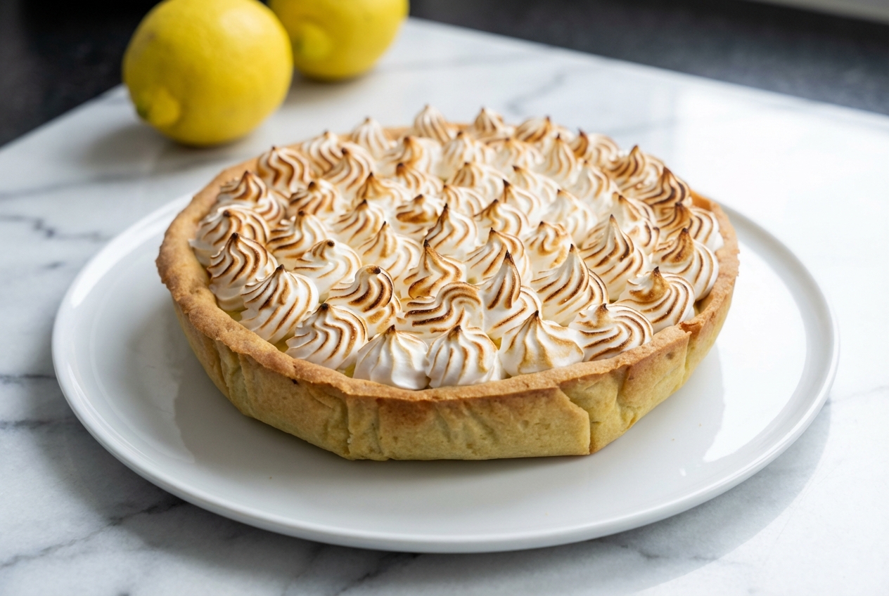Tarte citron meringuée au poivre de Timut, meringue dorée au chalumeau sur marbre blanc, éclairage naturel zénithal.