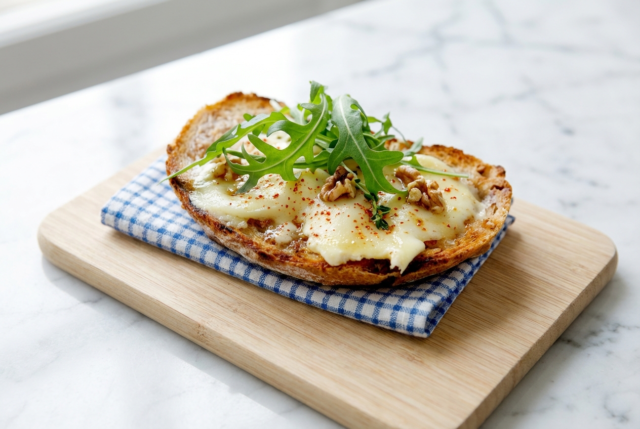 Tartine chèvre chaud gratinée au beurre de noix et piment d'Espelette sur marbre blanc, vue de dessus.