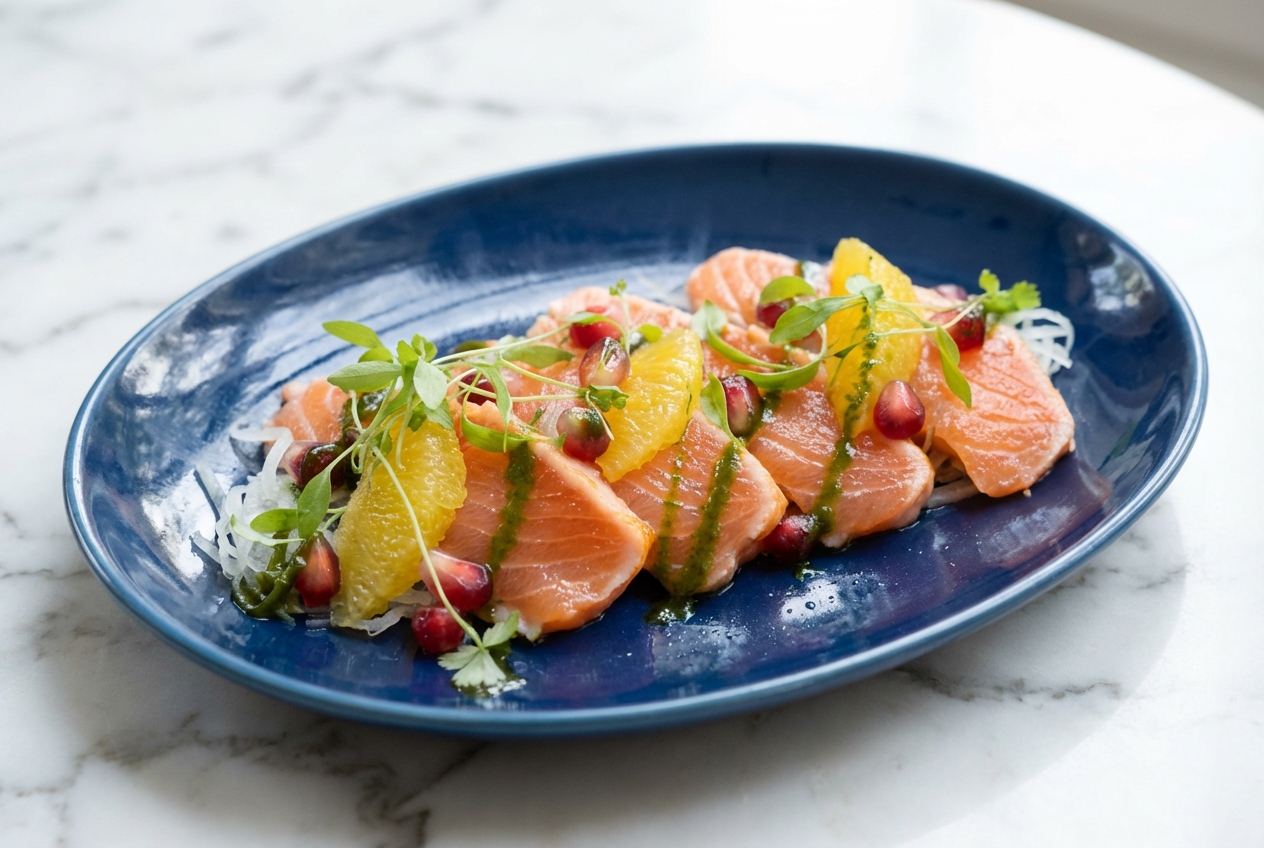Tataki de saumon avec croûte de sésame noir et blanc, vue de dessus montrant le cœur cru préservé par le bain de glace.