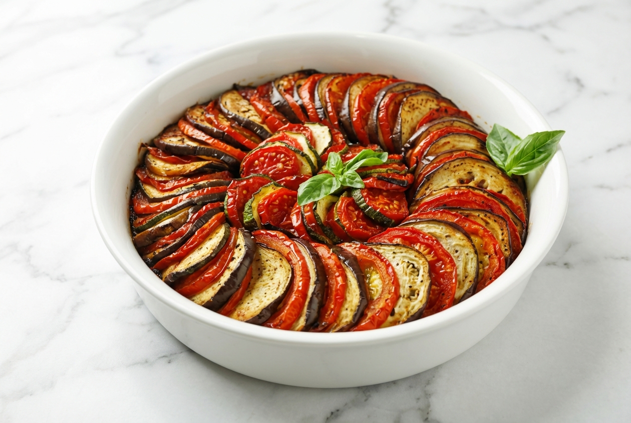 Tian de légumes en spirale sur lit de tapenade et oignons confits, plat en terre cuite sur marbre blanc, lumière naturelle.