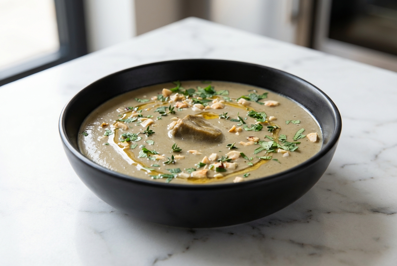 Velouté de cèpes onctueux dans un bol en céramique blanc, sublimé par un filet de beurre noisette et thym frais sur marbre.