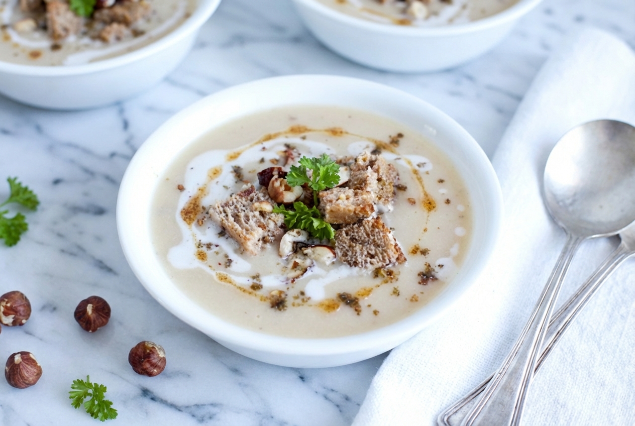 Velouté de chou fleur crémeux en bol céramique, nappé de beurre noisette émulsionné et zaatar, lumière naturelle.