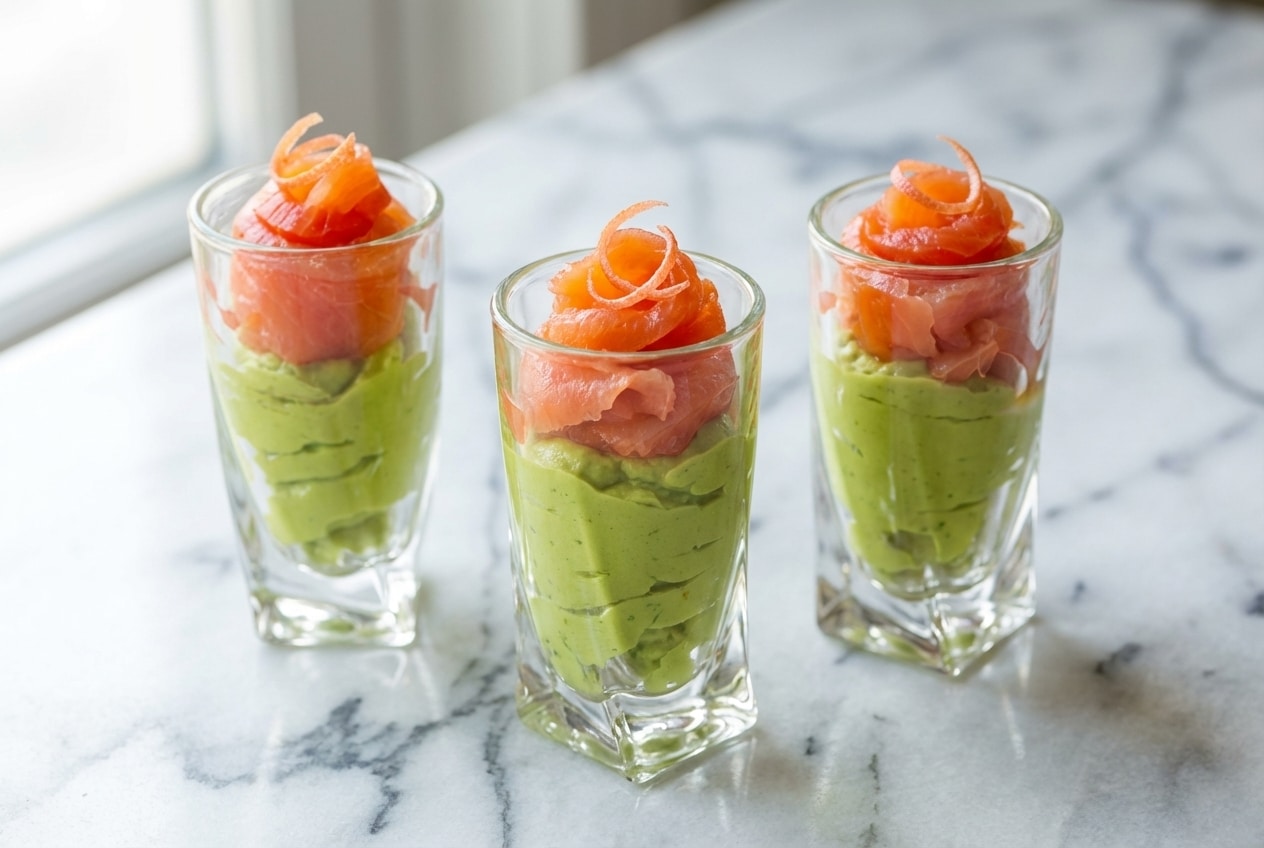 Verrine avocat et saumon fumé sur marbre blanc, mousse onctueuse au wasabi et zestes de pamplemousse rose, vue latérale.