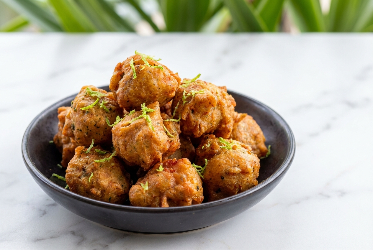 Accras de poulet croustillants au zeste de citron vert sur une assiette en céramique blanche, éclairage naturel.