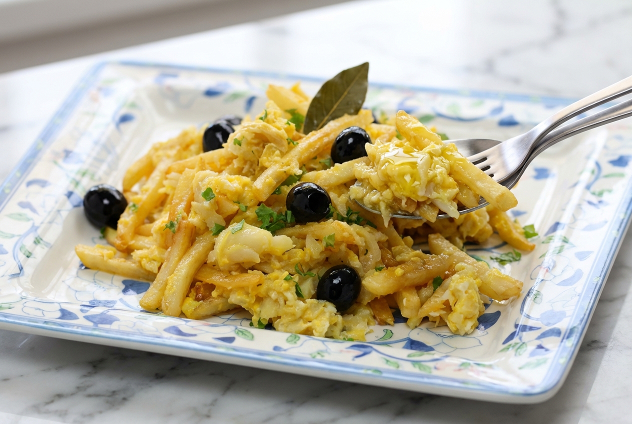 Bacalhau à Brás onctueux présenté dans une assiette en céramique minimaliste sur une surface en marbre blanc, avec une liaison des œufs parfaite à la chaleur résiduelle, sous une lumière naturelle.