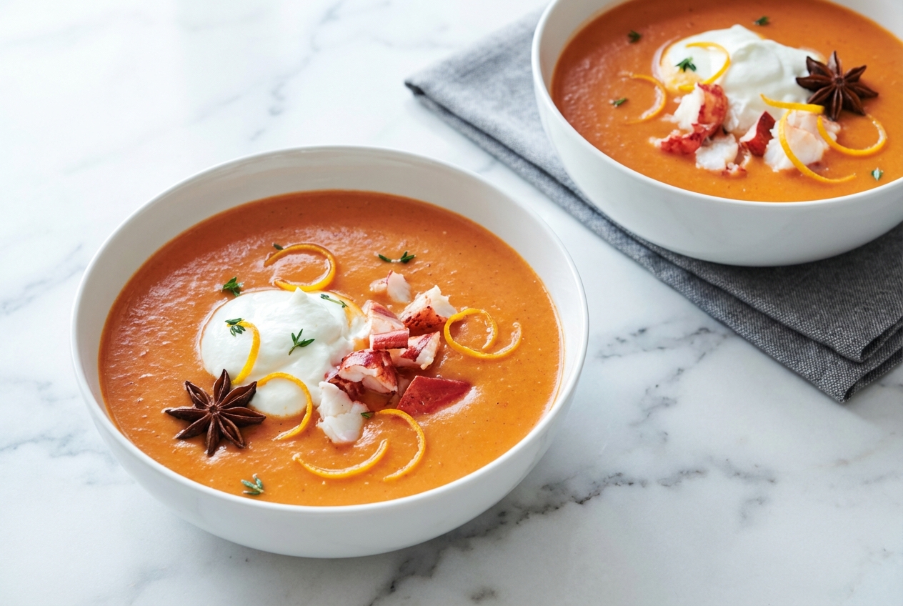 Bisque de homard onctueuse en bol céramique sur marbre blanc avec infusion de badiane et zestes d'orange.