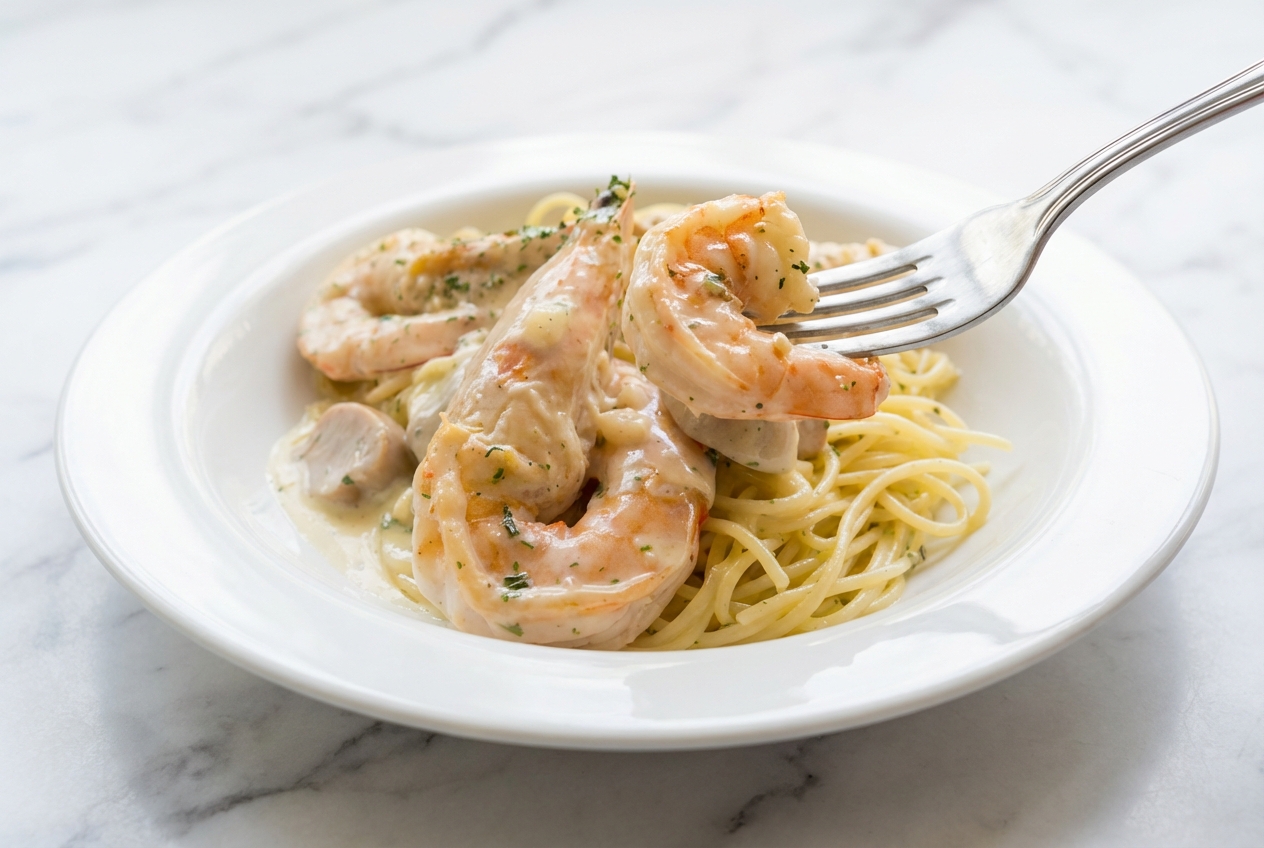 Blanquette de crevettes onctueuse dans un bol en céramique minimaliste, sauce réduite au Noilly Prat sur marbre blanc.