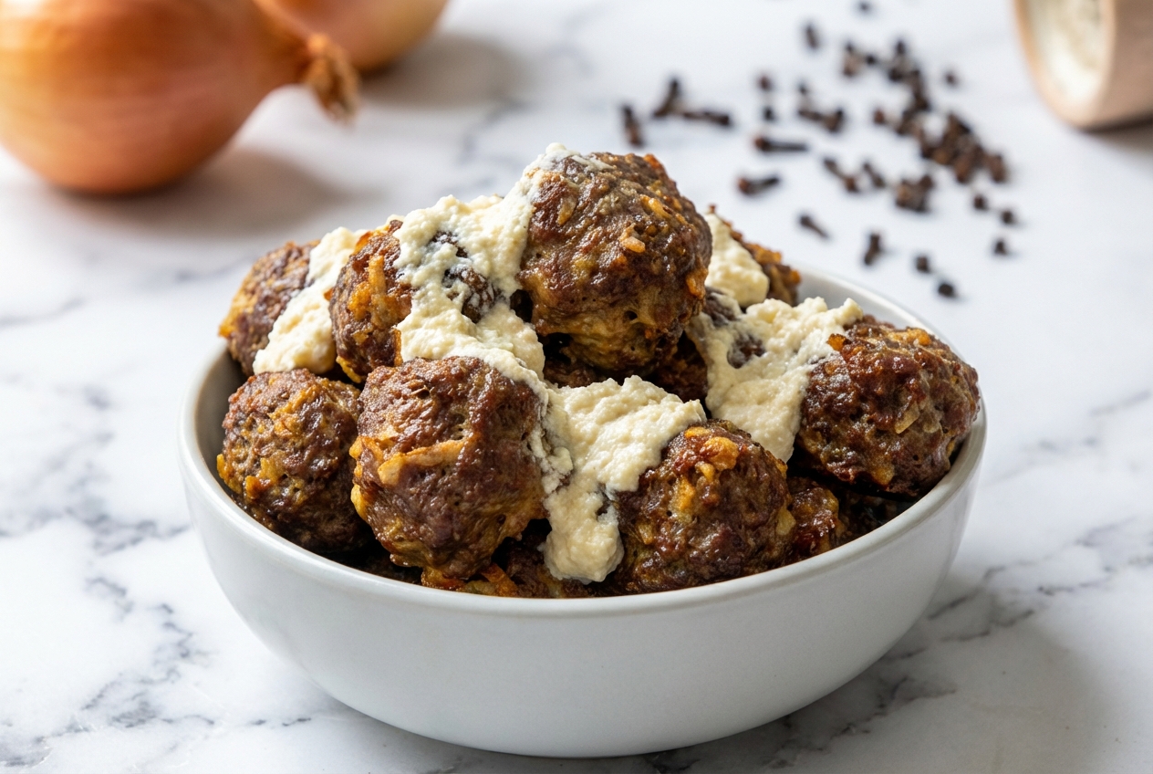 Vue plongeante de boulettes de viande au four sur assiette en céramique minimaliste, texture onctueuse via panade à la ricotta.