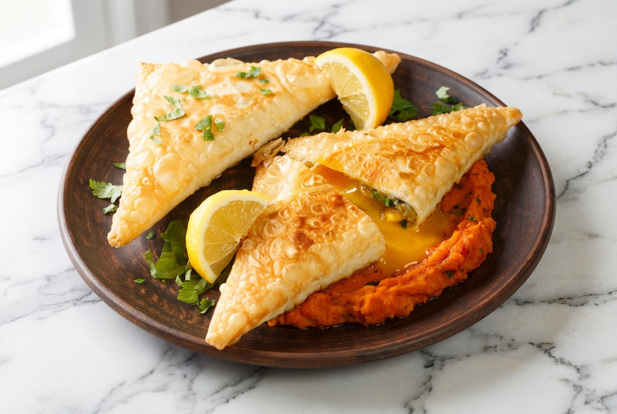 Vue plongeante sur une Brick à l'oeuf dorée et croustillante, posée sur une assiette en céramique minimaliste avec son lit de pomme de terre à la harissa sur fond de marbre blanc.