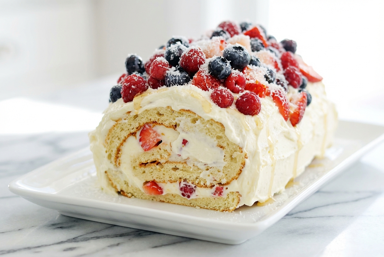 Bûche au mascarpone élégante sur un plat en céramique minimaliste, posée sur une surface en marbre blanc sous une douce lumière naturelle, garnie d'une ganache montée onctueuse et d'une génoise parfumée au miel.