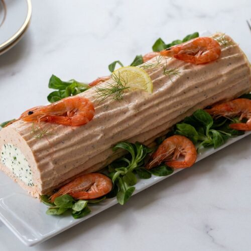 Bûche salée au saumon et crevettes avec un insert crémeux au fromage frais et herbes folles sur marbre blanc.