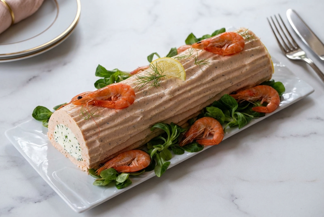 Bûche salée au saumon et crevettes avec un insert crémeux au fromage frais et herbes folles sur marbre blanc.
