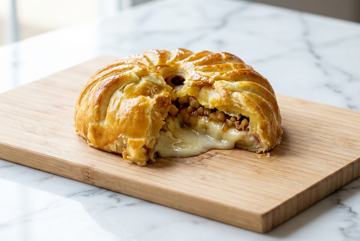 Camembert en croûte doré sur un plat en céramique minimaliste, farci aux pommes caramélisées au Calvados et noix, marbre blanc.