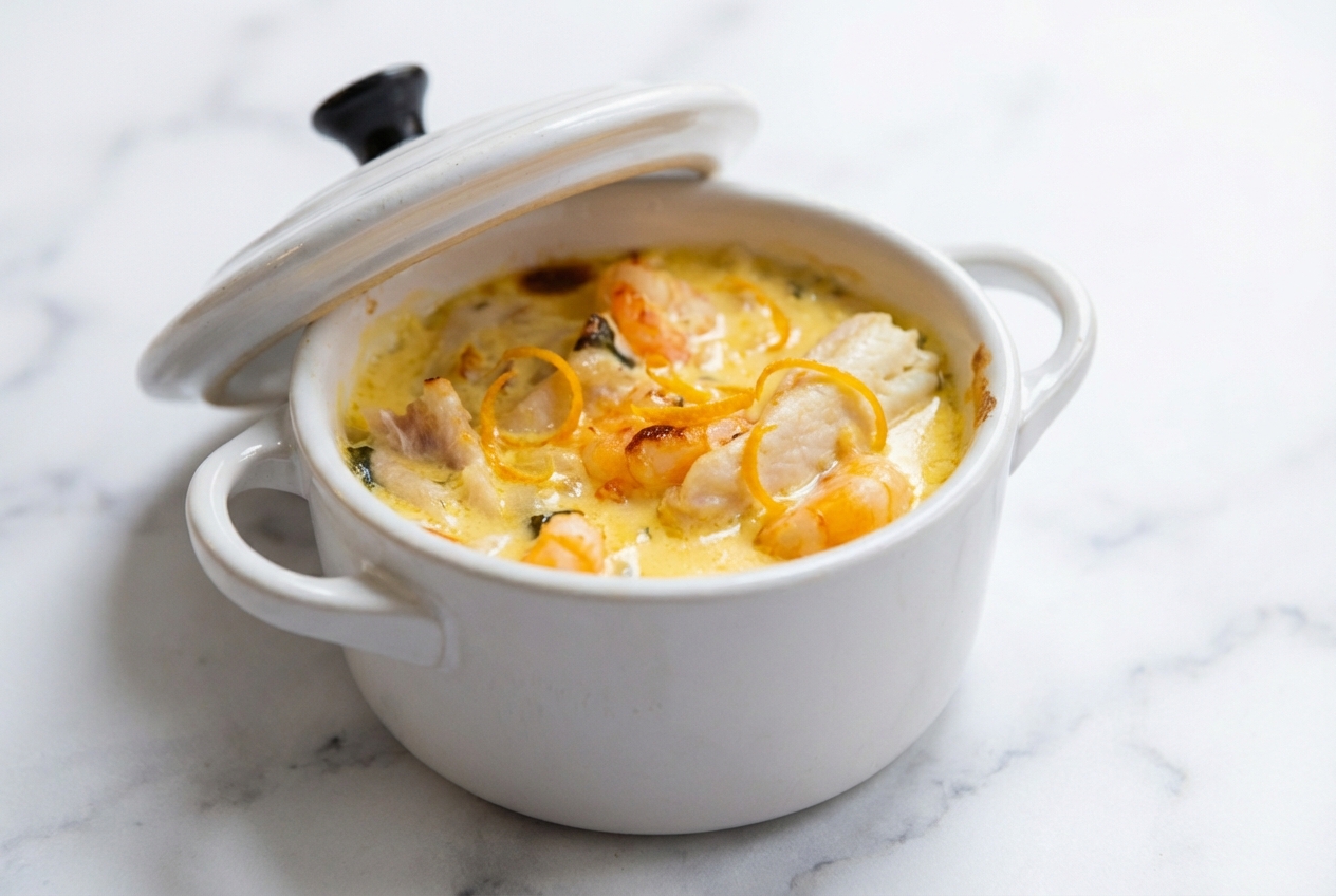 Cassolettes de la mer gratinées au Noilly Prat et zeste d'orange dans une coupelle en céramique sur marbre blanc.