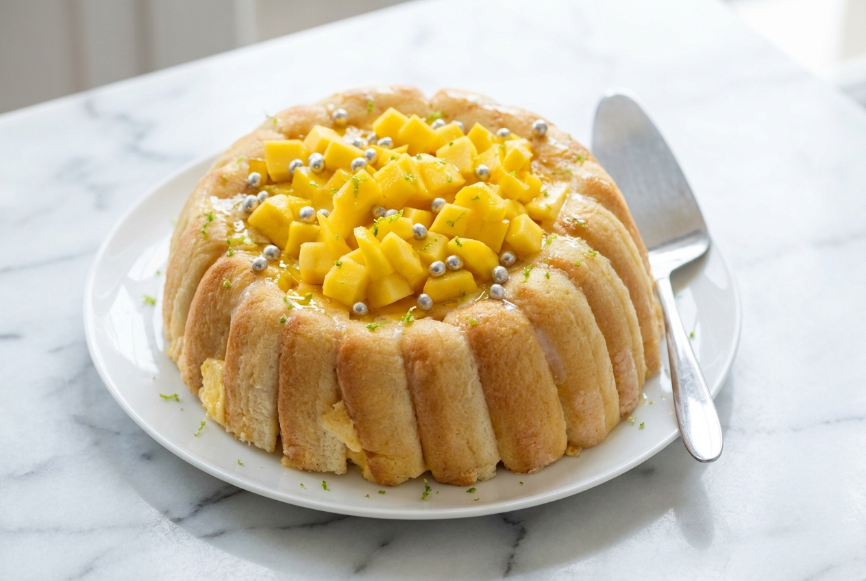 Charlotte à la mangue sur marbre blanc, biscuits à la cuillère et nappage brillant au sirop de gingembre et citron vert.