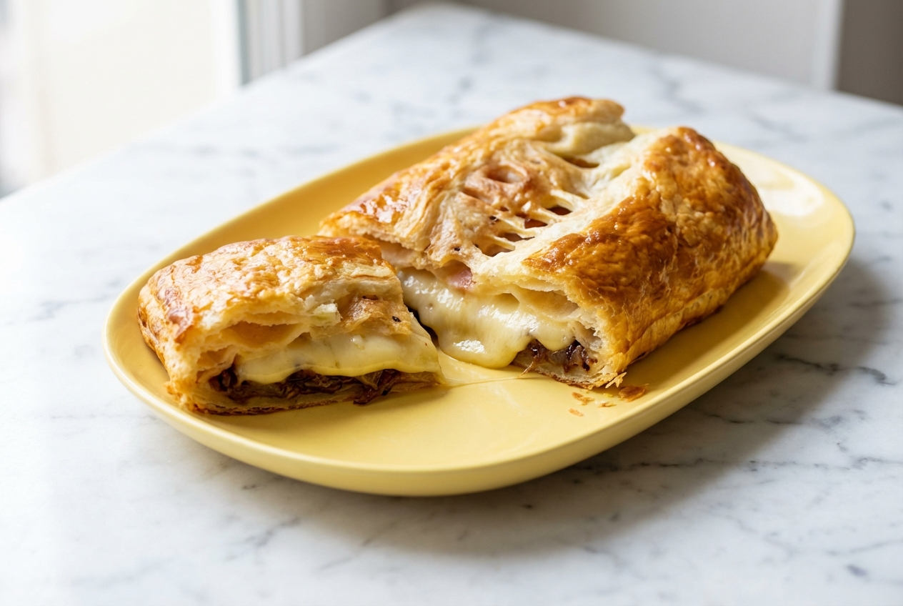 Chausson raclette à la pâte feuilletée dorée et oignons caramélisés, texture croustillante sur comptoir en marbre blanc.