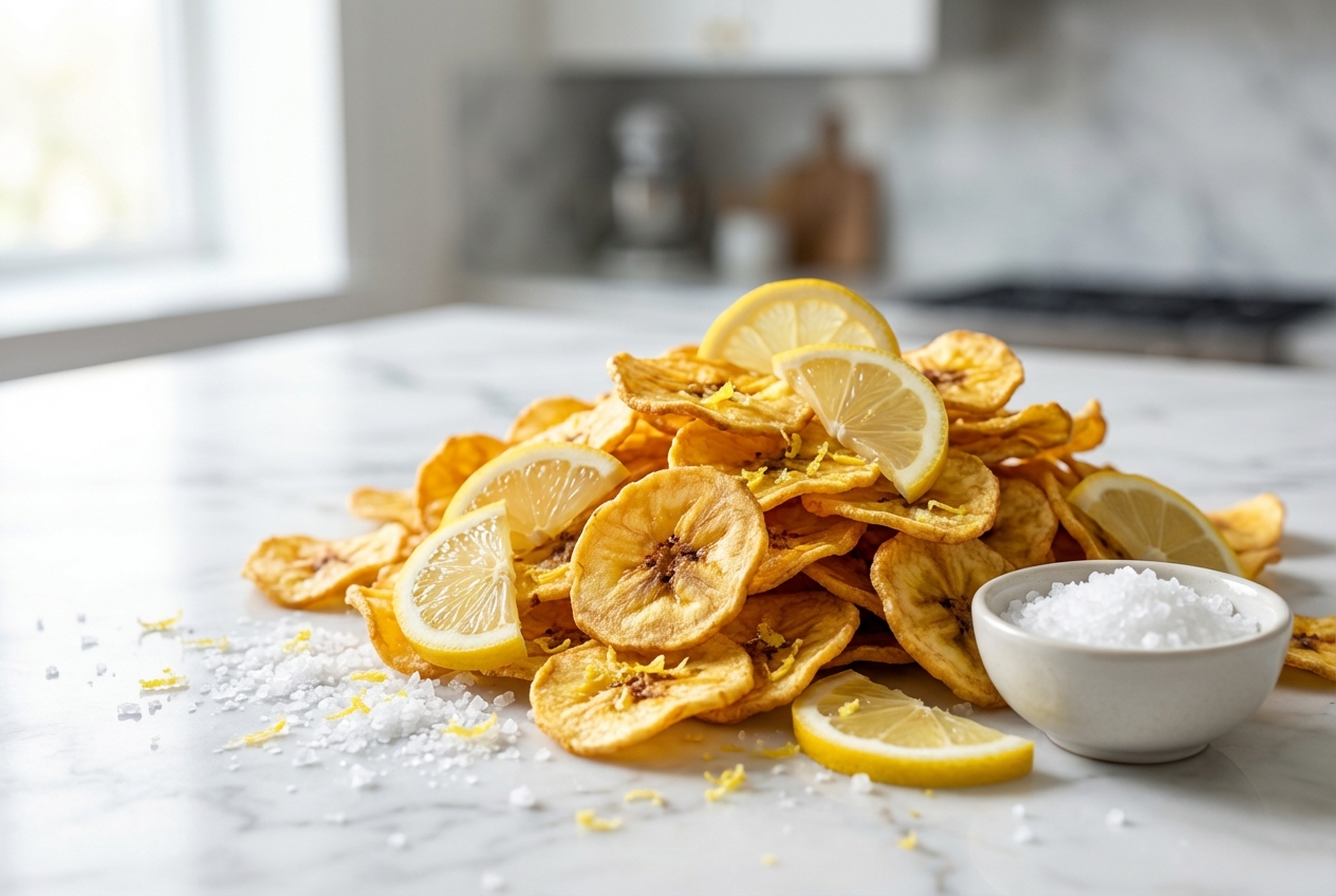 Chips de banane air fryer dorées et craquantes après un bain glacé citronné, disposées sur un marbre blanc moderne.