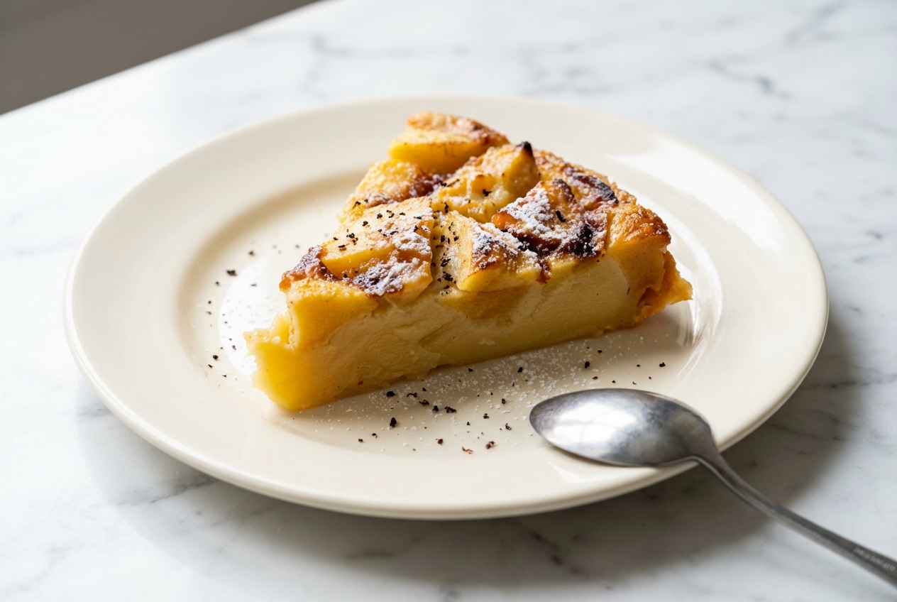 Clafoutis aux pommes doré au beurre noisette et fève tonka sur un plan de travail en marbre blanc.