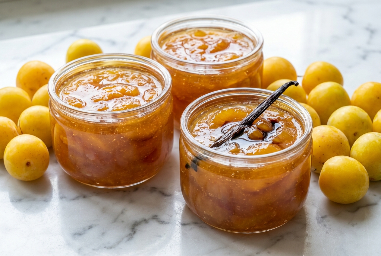 Confiture de mirabelles dorée dans un récipient en céramique minimaliste posé sur une surface en marbre blanc, révélant des grains de vanille et une subtile touche balsamique sous la lumière naturelle de la fenêtre.
