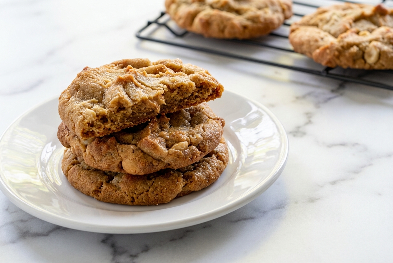 Cookies au beurre de cacahuète à la vergeoise brune et beurre noisette, texture chewy sur marbre blanc en lumière naturelle.