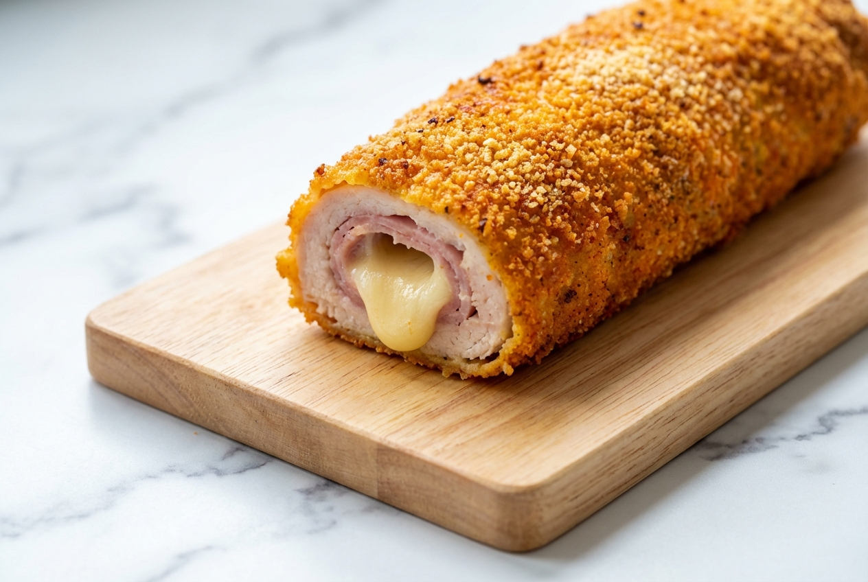 Cordon bleu roulé avec sa panure au parmesan et paprika fumé, croûte dorée croustillante sur assiette en céramique blanche.