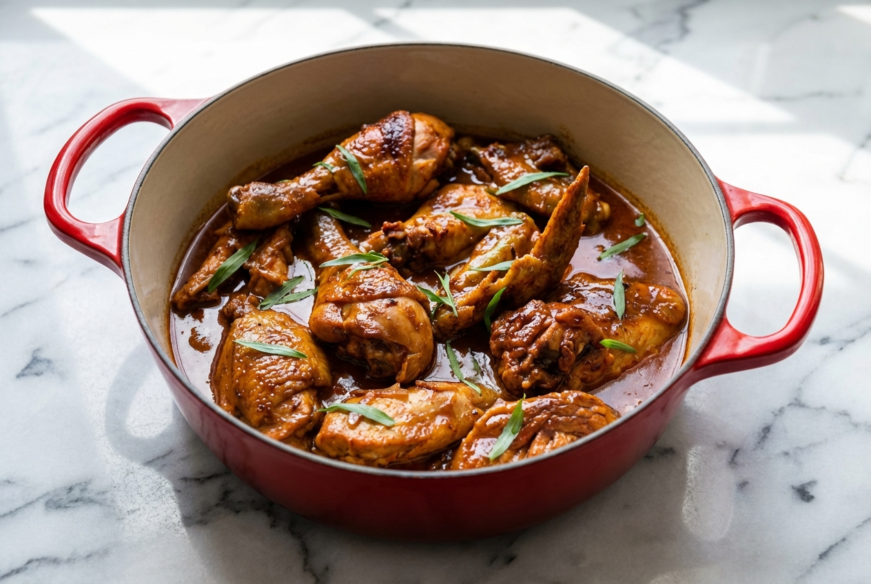 Cuisses de poulet au vinaigre dorées nappées de sauce onctueuse à l'estragon dans un plat en céramique sur marbre blanc