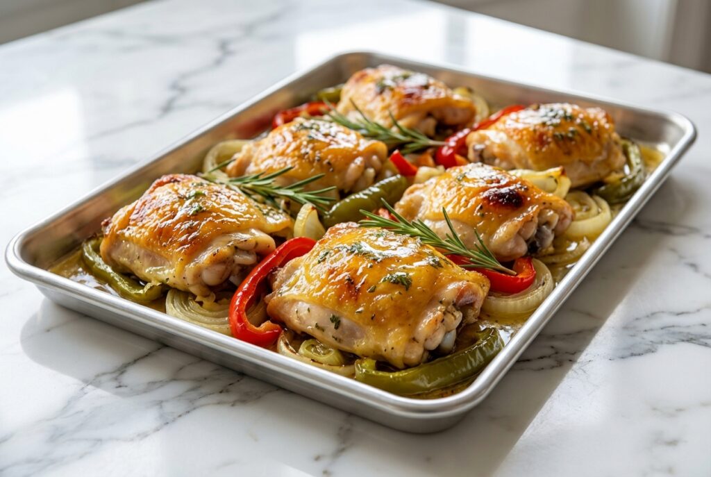 Cuisses De Poulet Et Légumes Rôtis Au Four Dorés Et Juteux