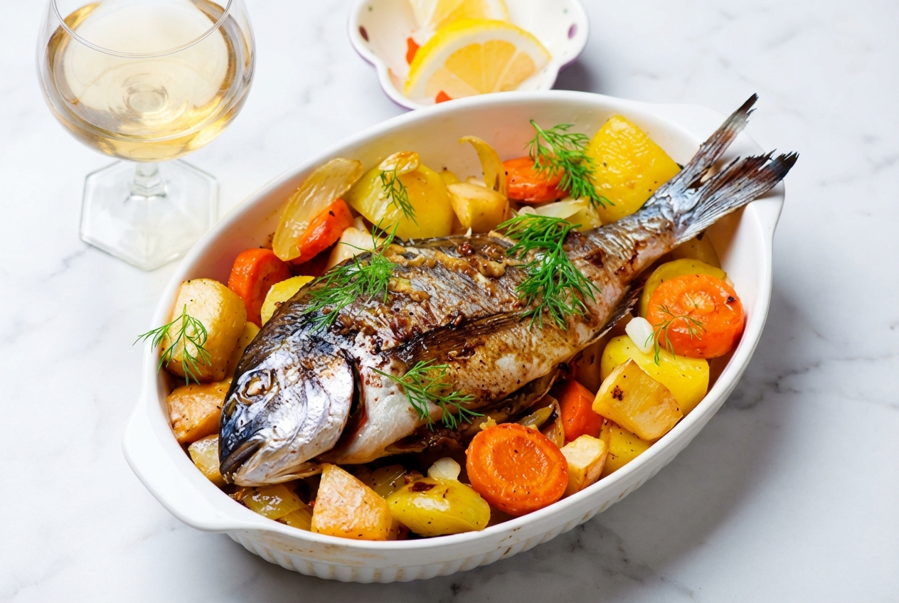 Daurade au four dorée sur un lit de fenouil au pastis, présentée dans un plat en céramique minimaliste sous une lumière naturelle.