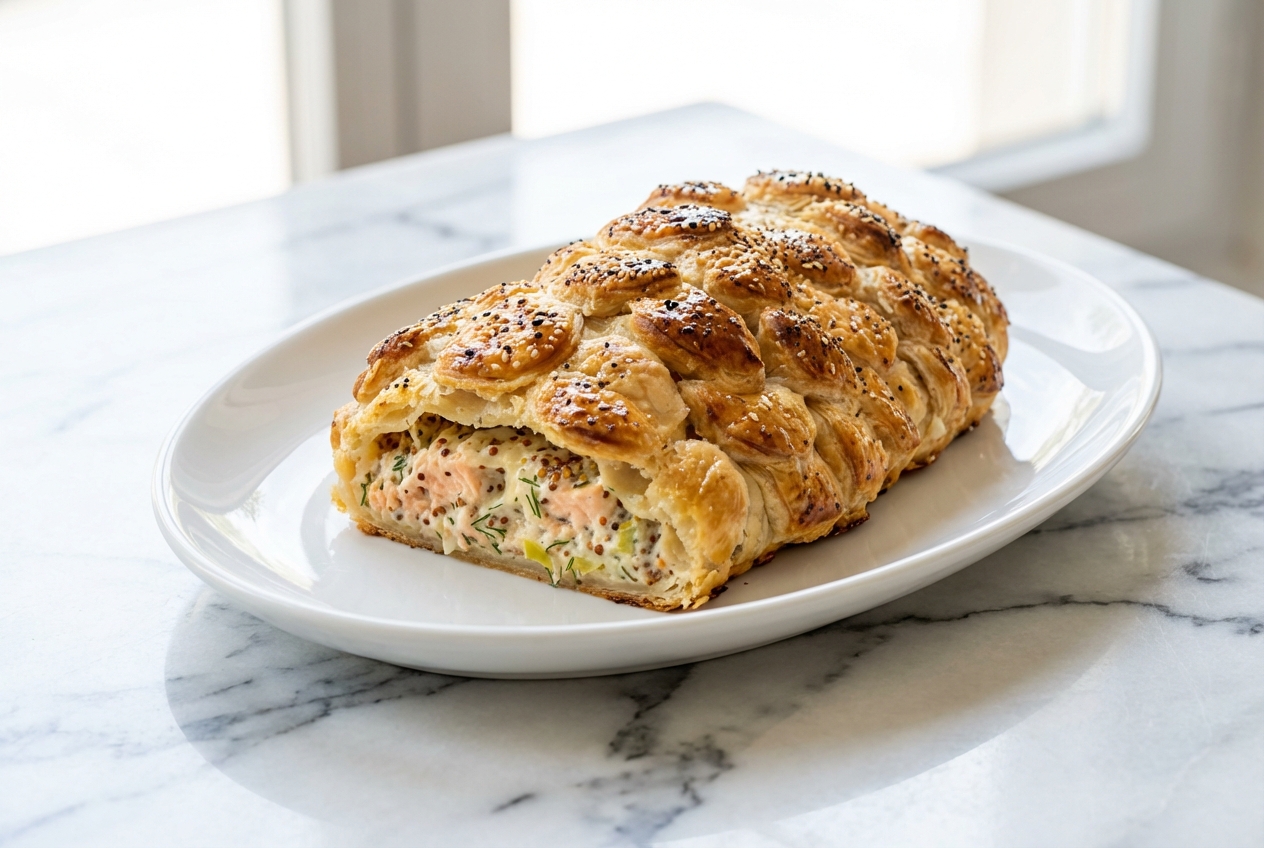 Feuilleté saumon poireaux doré sur marbre blanc, garni de sésame et pavot, révélant une fondue crémeuse sous lumière naturelle.