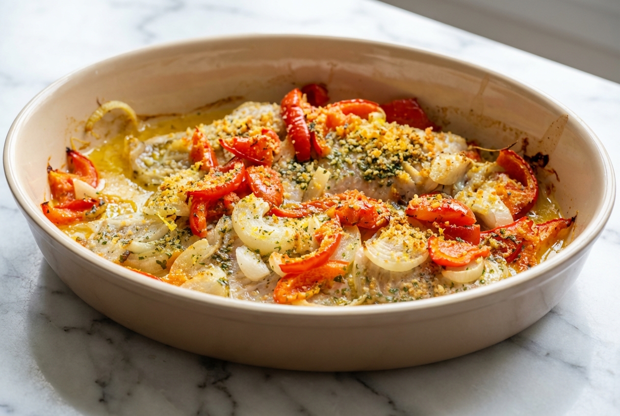 Filet de poisson au four sur marbre blanc, croûte dorée au parmesan et zestes de citron, lumière naturelle.