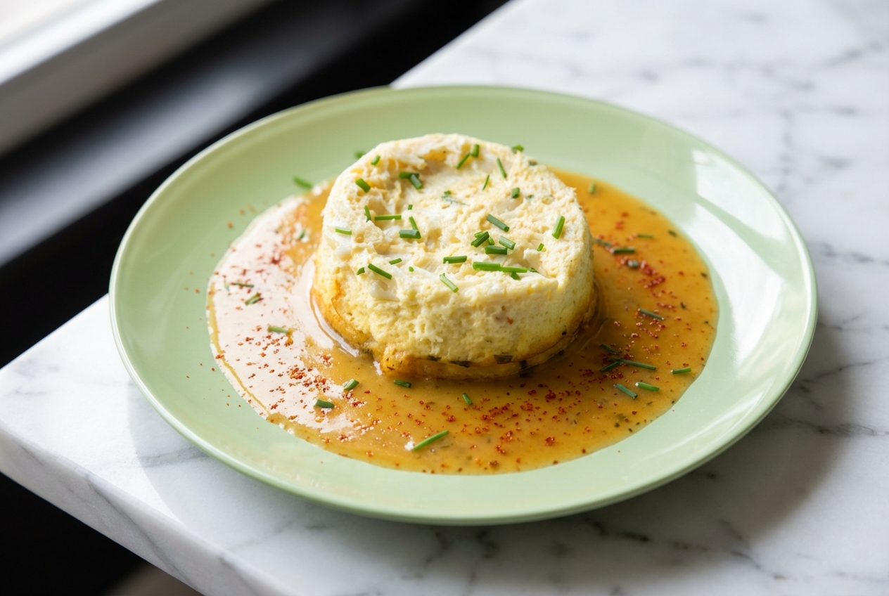 Flan au crabe sauce ciboulette onctueux sur marbre blanc, relevé d'une touche de Cognac et de piment d'Espelette.