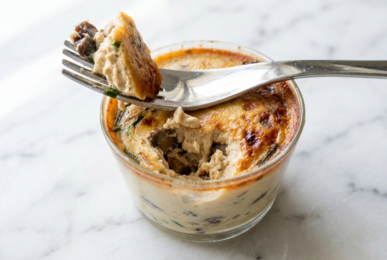 Flan aux champignons onctueux sur marbre blanc, champignons sautés au beurre noisette et touche de miso blanc.