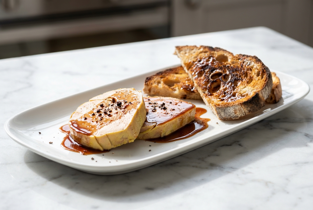 Lobe de foie gras au sel sur assiette en céramique minimaliste, révélant une double maturation au poivre long et Porto.