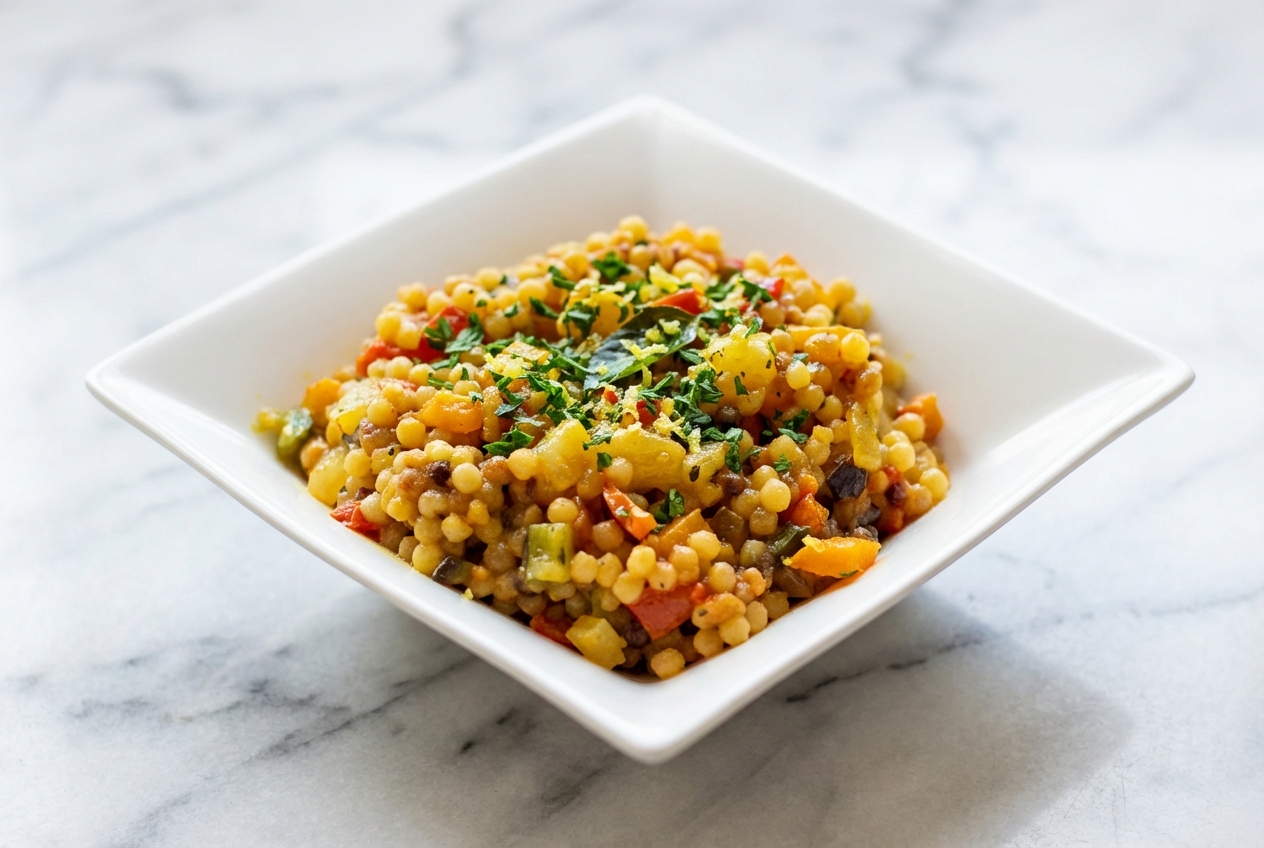 Bol en céramique minimaliste rempli de fregola sarda aux légumes, nappée d'une sauce dorée au safran et parsemée de gremolata sur un comptoir en marbre blanc.