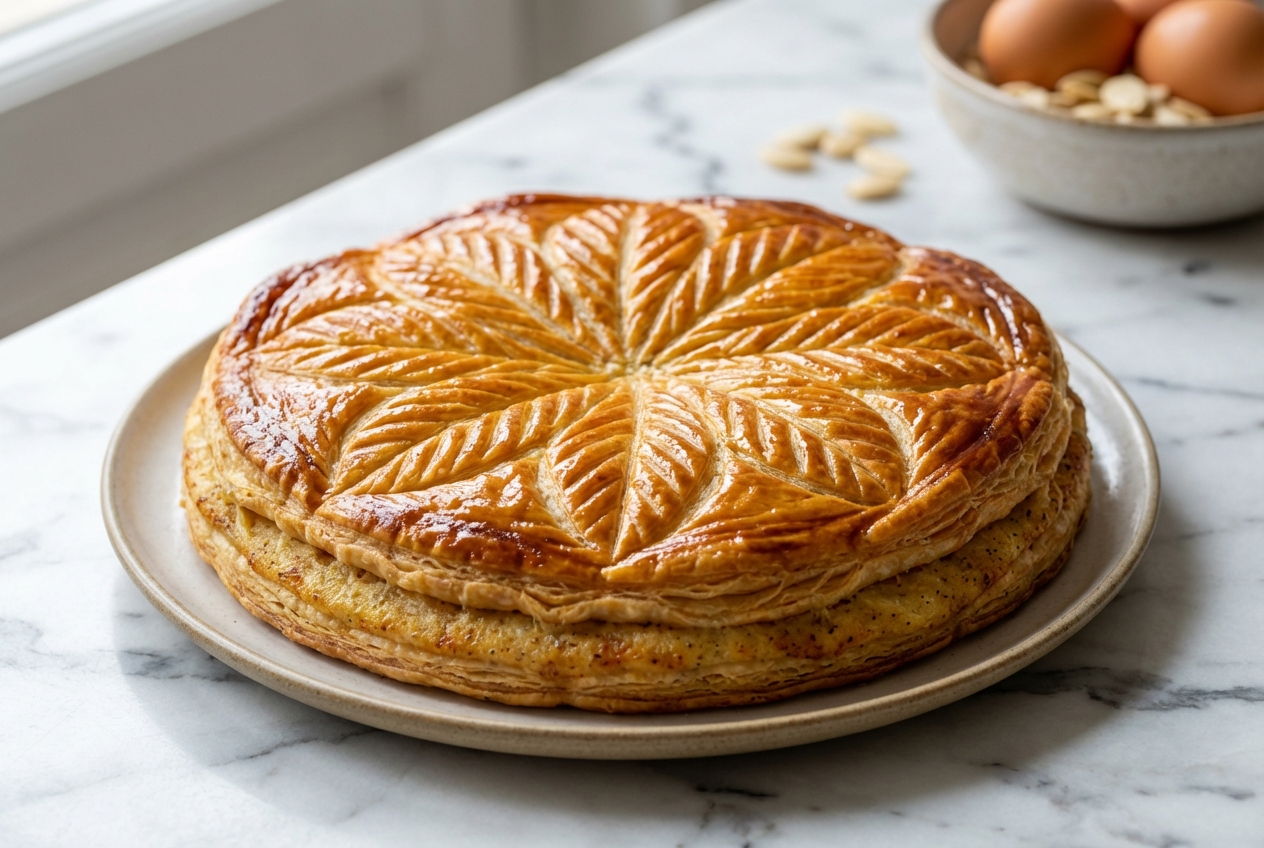 Galette des rois à la frangipane au feuilletage doré, twist beurre noisette et amande amère sur marbre blanc, lumière naturelle.