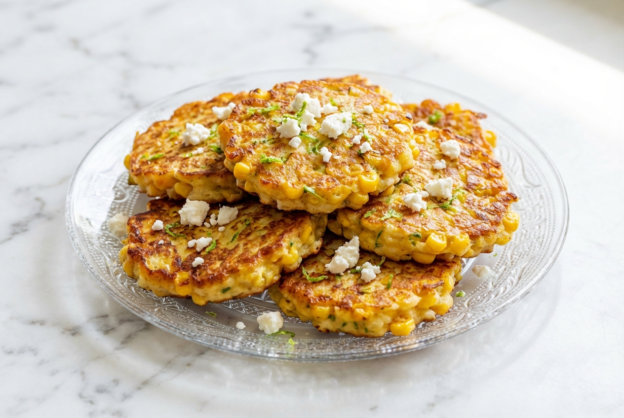 Galettes de maïs dorées sur marbre blanc, parsemées de zeste de citron vert frais et de feta émiettée.