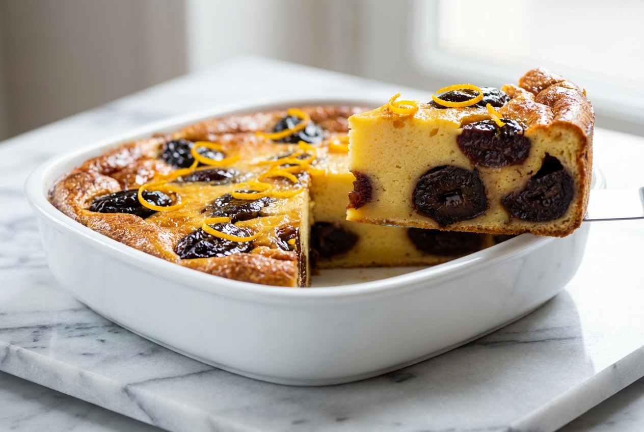 Gâteau aux pruneaux moelleux sur marbre blanc, infusé au thé Earl Grey et zestes d'orange, lumière naturelle douce.