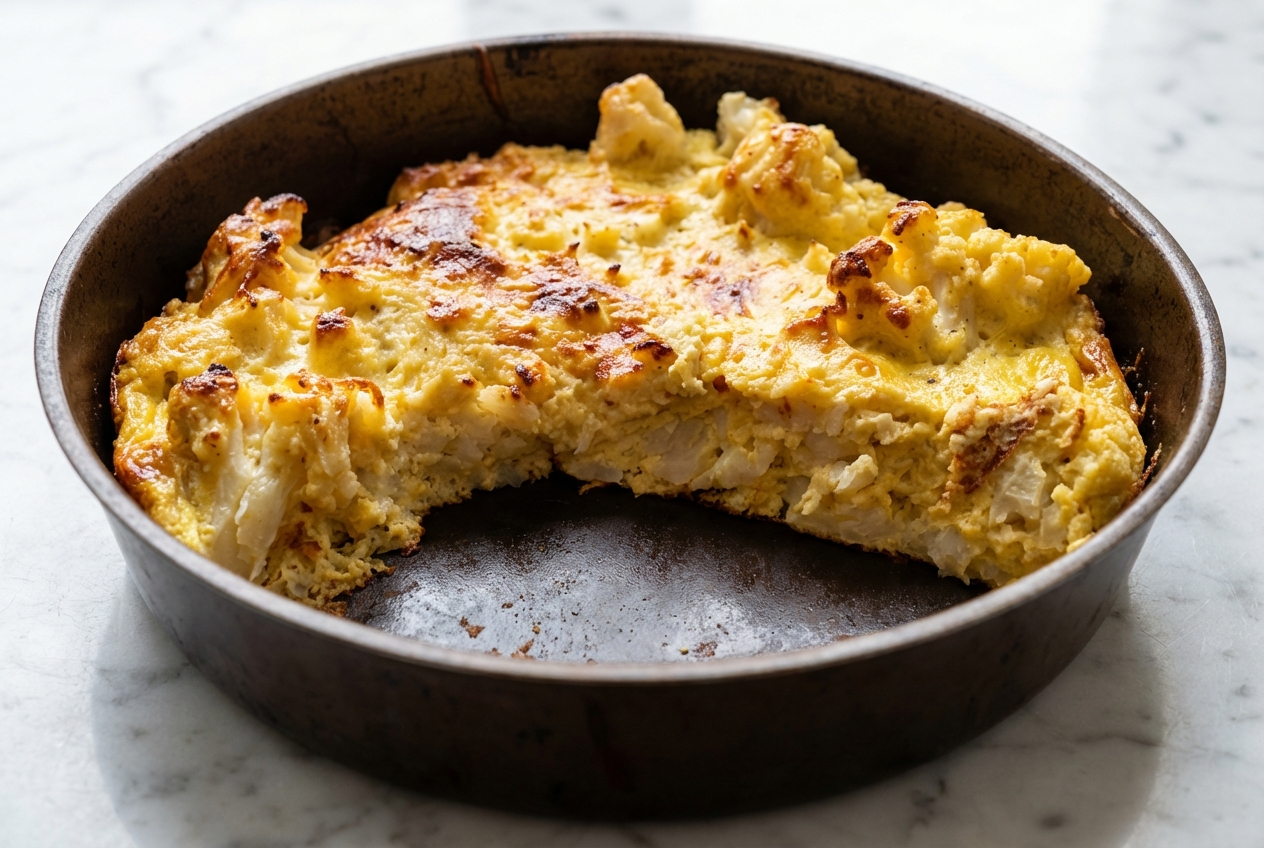 Gâteau de chou-fleur doré sur marbre blanc, texture croustillante obtenue par la torréfaction au beurre noisette, éclairage naturel.