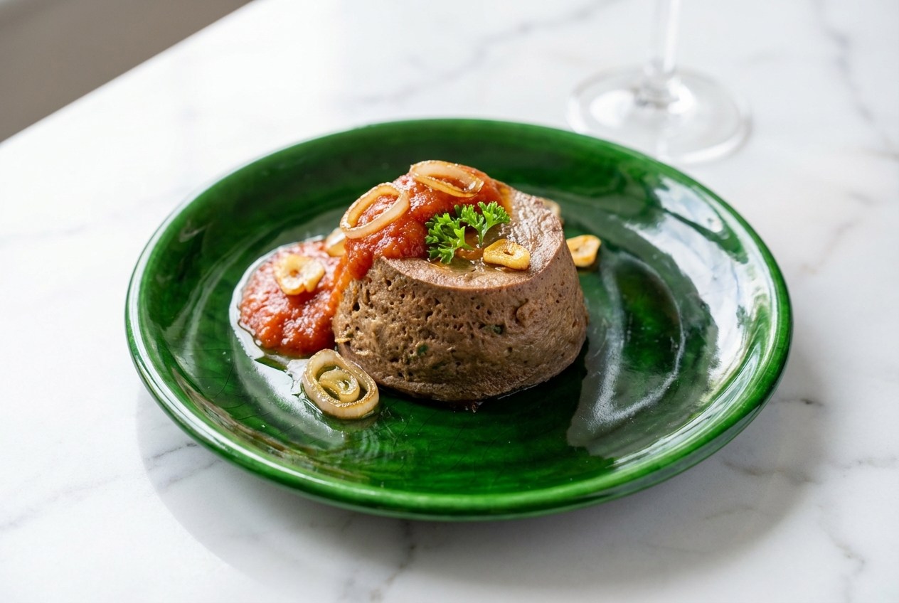Gâteau de foies de volaille doré servi sur une assiette en céramique minimaliste, enrichi d'échalotes et d'ail sautés au beurre, lumière naturelle sur marbre blanc